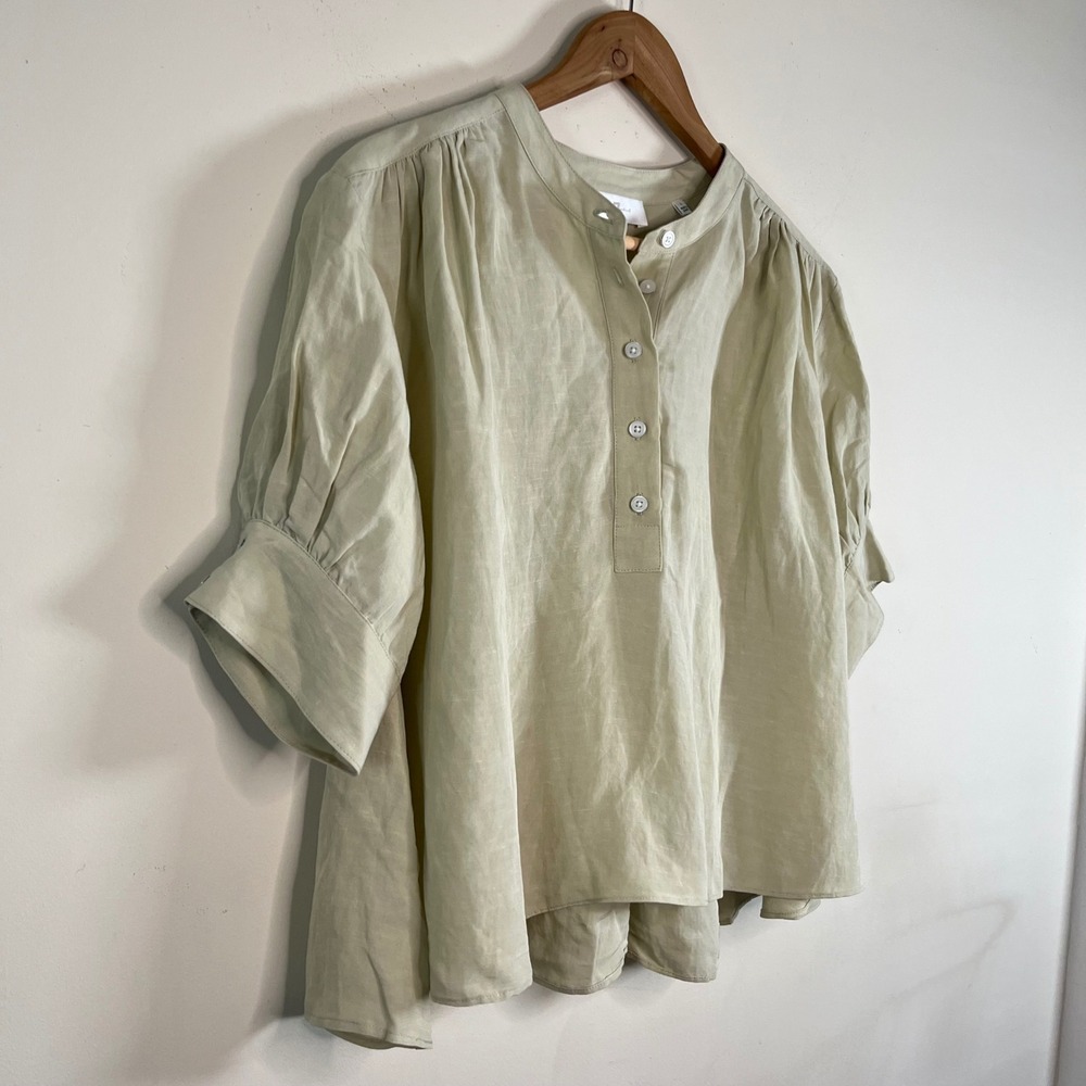 7 For All Mankind Linen Blend Sage Green Blouse Puff Sleeves Prairie Size Large - Picture 3 of 8